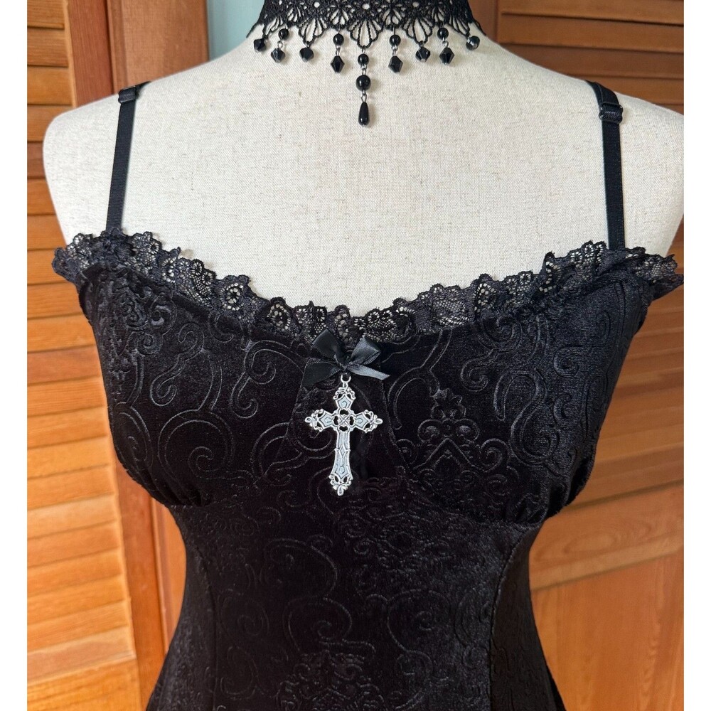 Gothic Lolita Victorian My Summer Woes Black Soft Jacquard Velvet Mini Dress M - Picture 3 of 11